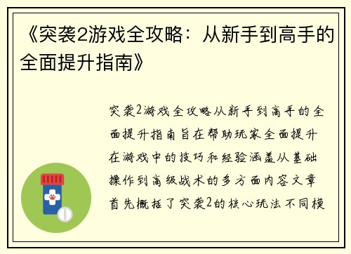 《突袭2游戏全攻略：从新手到高手的全面提升指南》