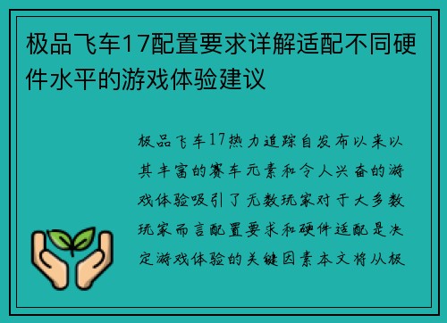 极品飞车17配置要求详解适配不同硬件水平的游戏体验建议